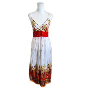 Cassee's 100% Cotton White Red Green Embellished Lined Maxi Dress, M